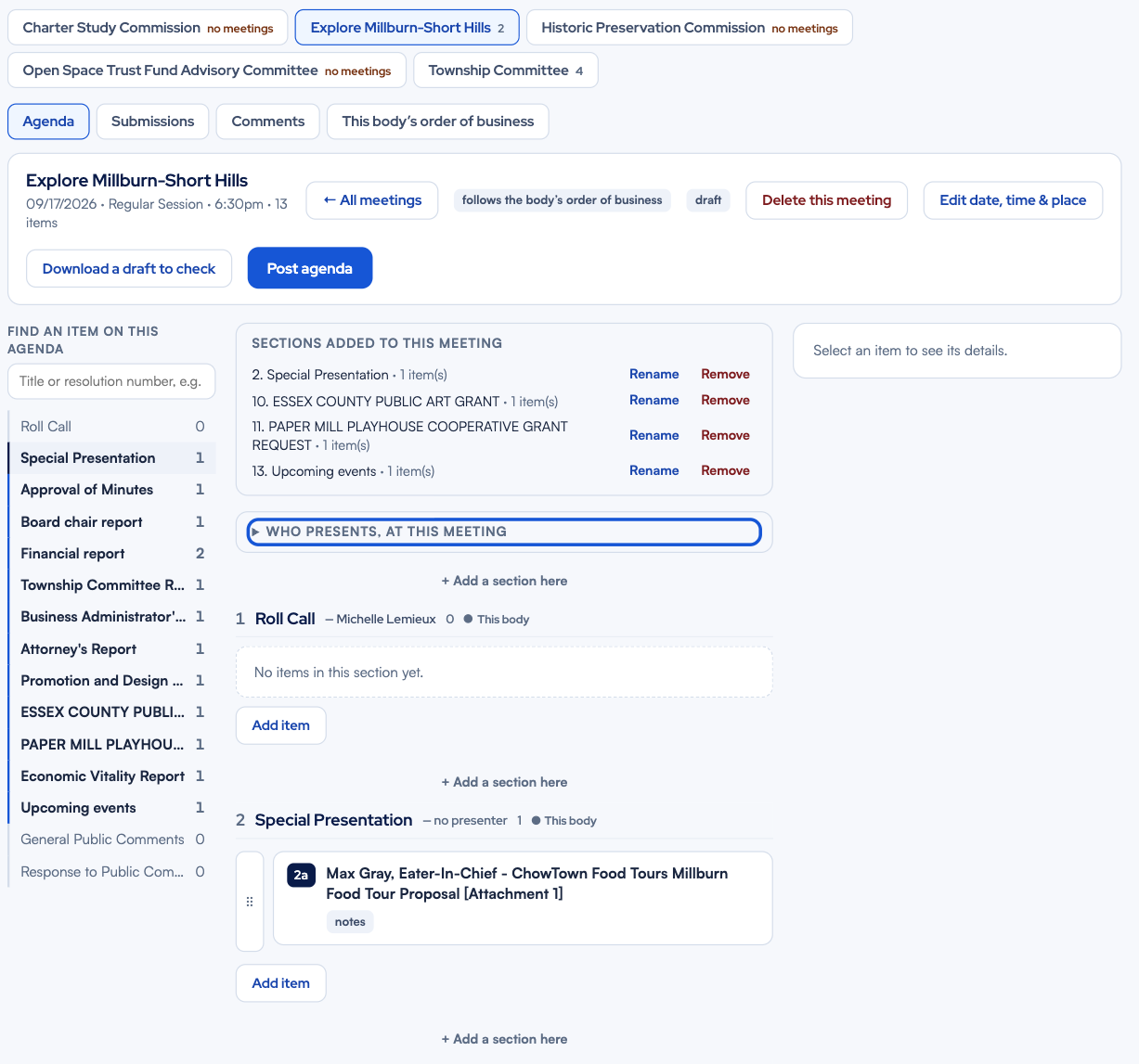 Aware Lens agenda builder for Explore Millburn-Short Hills: the body’s order of business down the left, sections with presenters and items, and a Post agenda button.
