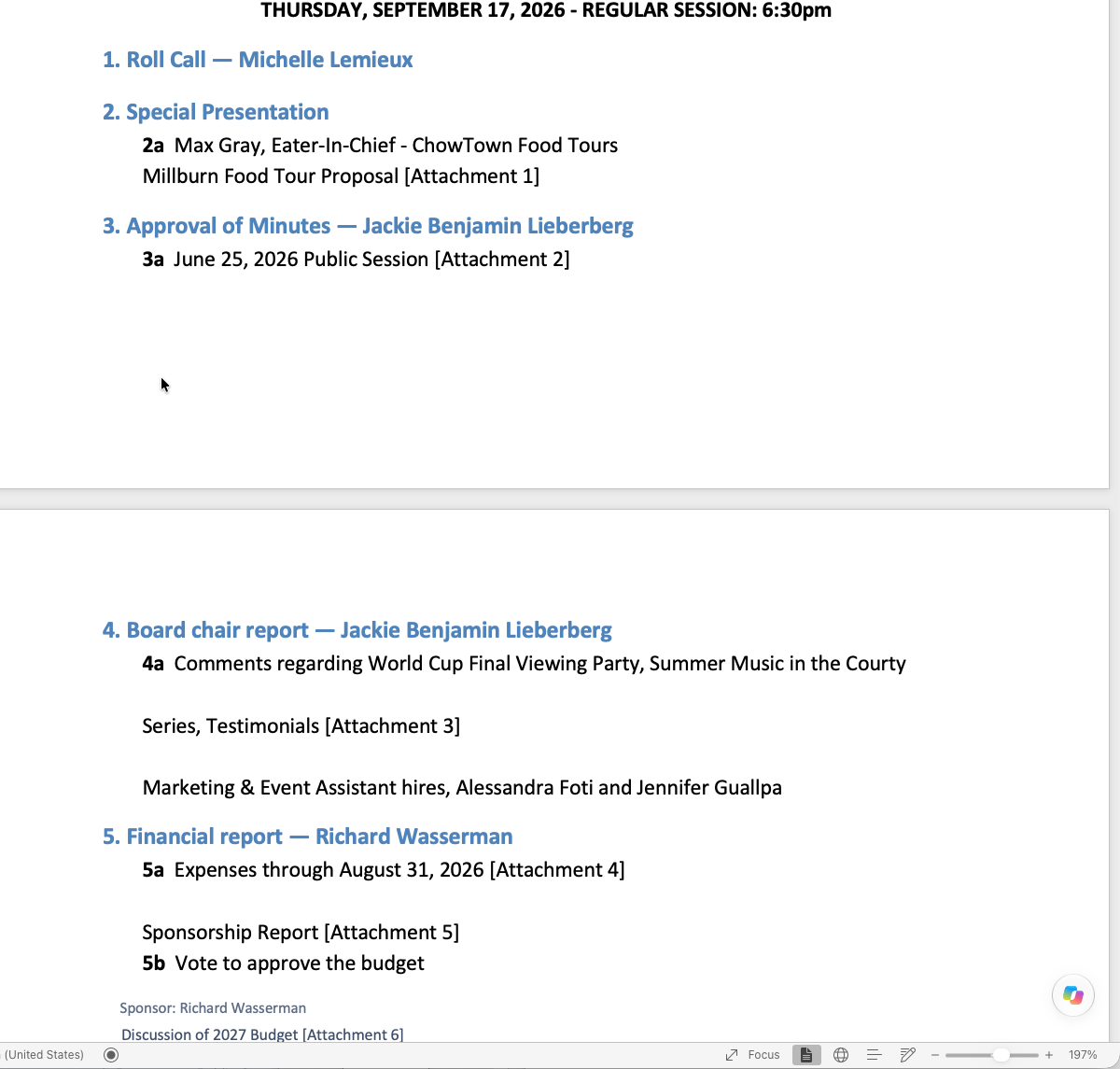The posted agenda document for the September 17, 2026 regular session, in the organization’s own numbered format with presenters and attachments.