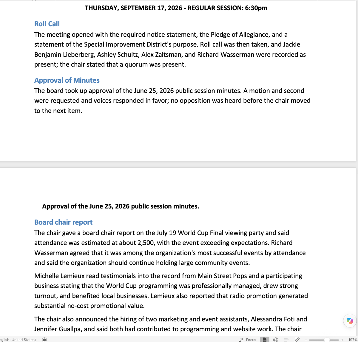 The drafted minutes document for the September 17, 2026 regular session, with Roll Call, Approval of Minutes and Board chair report sections in the organization’s own format.