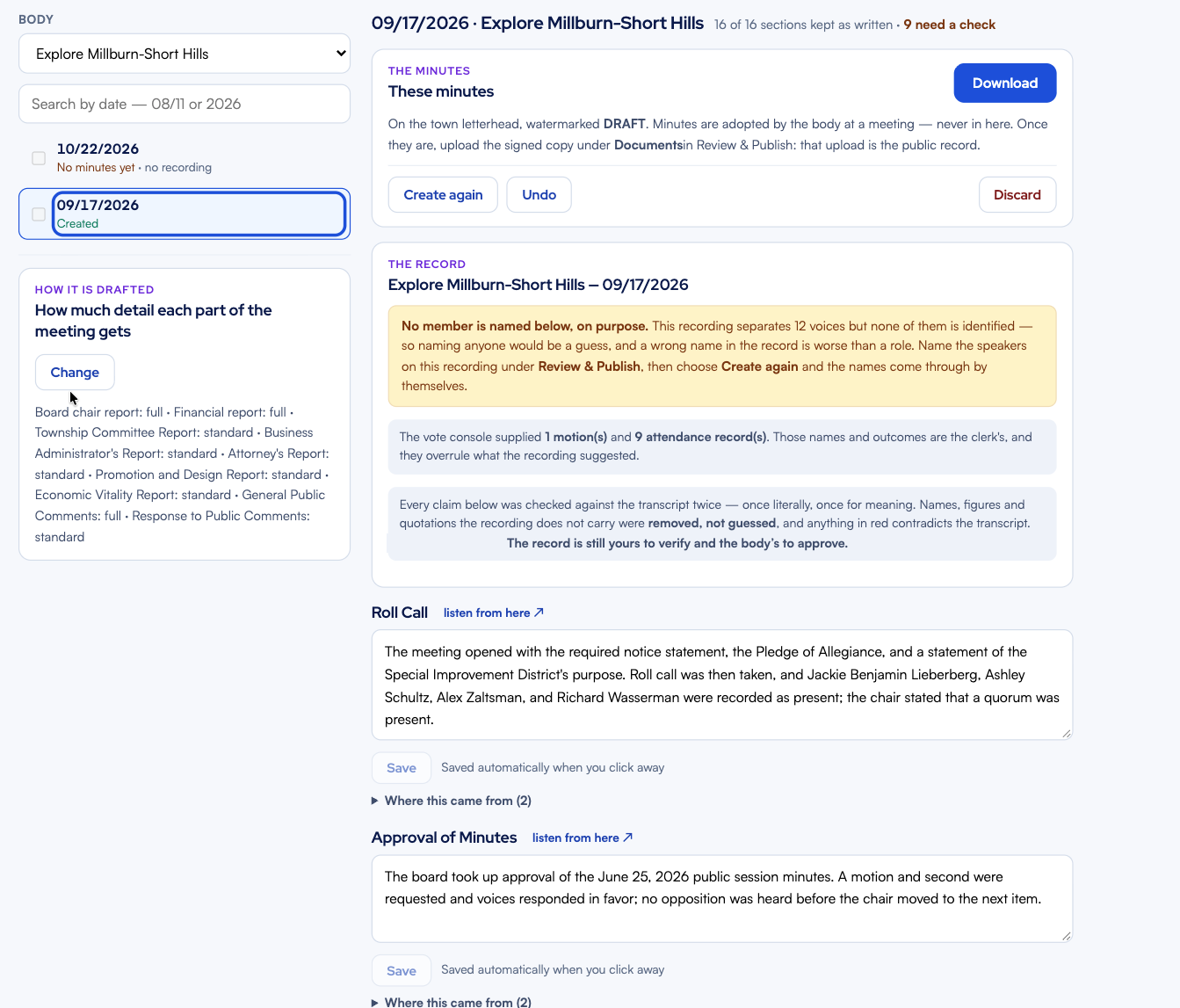 Aware Lens minutes review screen: a draft of the September 17, 2026 minutes with notes that vote and attendance records came from the clerk’s console and every claim was checked against the transcript, and editable sections with links to the moment in the recording.