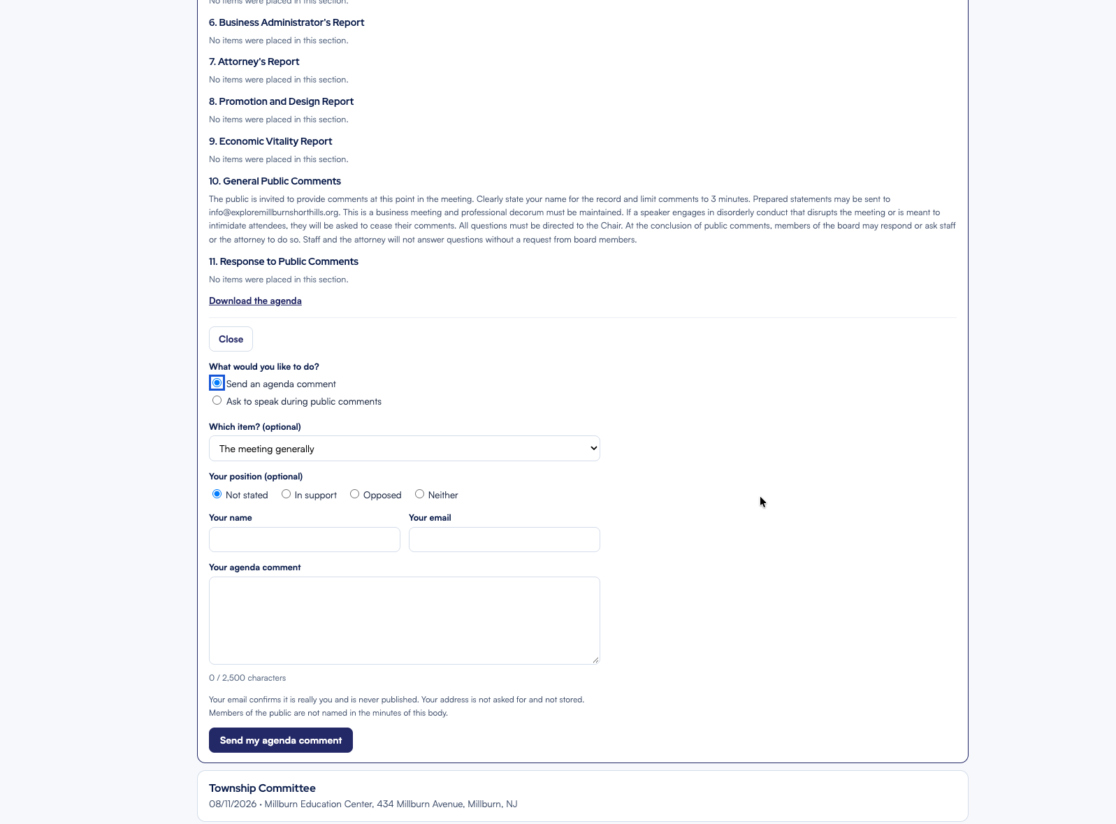 Resident-facing agenda page with a public comment form: choose to send an agenda comment or ask to speak, pick the agenda item, state a position, and enter name and email — with a note that the email is never published and no address is asked for.