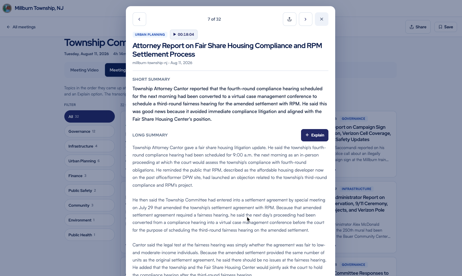 A topic opened from the meeting summary — short and long summaries of an attorney report, with an Explain button that rewrites it in plain language