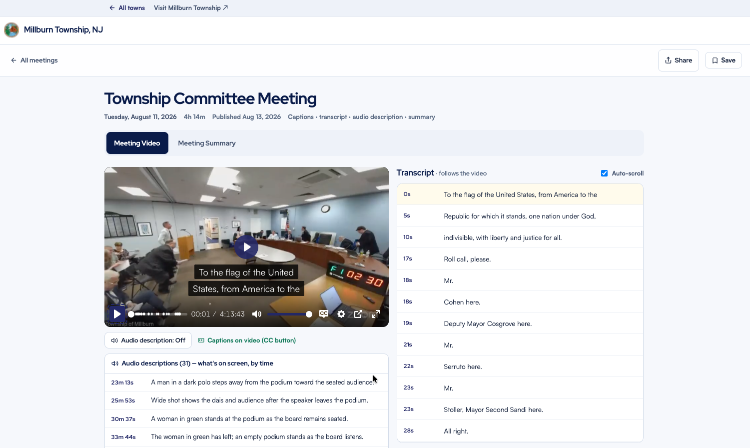 Aware Lens meeting page for Millburn Township: accessible video player with captions, a transcript that follows the video, and timed audio descriptions